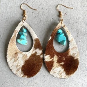 Western Leather Cowhide Open Teardrop Stone Earrings - Picture 1 of 4