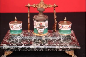RARE! Porcelain Cast Brass Marble Desk Top Footed Double Inkwell Pen Tray 19C - Picture 1 of 12