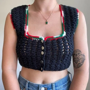 Vintage 1970s Handmade Hippie Boho Finnish Finland Crochet Black Crop Top Sz M - Picture 1 of 6