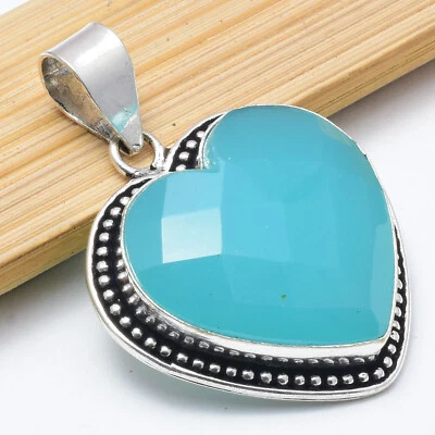 Aqua Chalcedony Gemstone 925 Sterling Silver Handmade Pendant - Image 1 of 4