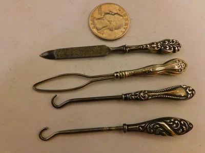 Antique Lot of 4 Small Sterling Silver Handle Shoe Button Hooks Loop &File - Image 1 of 4