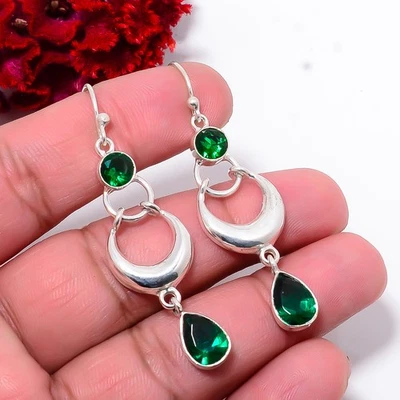 Pendiente de plata de ley 925 con piedras preciosas de diopsido cromado 2,22" E100311 Foto 1 de 4