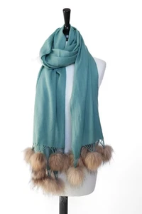 Vishana London Pale Green Cashmere Shawl Wrap Scarf Fur Pom Poms - Picture 1 of 8