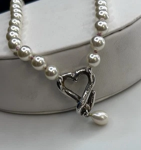 Mignon Faget Beaded Pearl Heart Pendant Sterling Silver 18 Inch Necklace - Picture 1 of 4