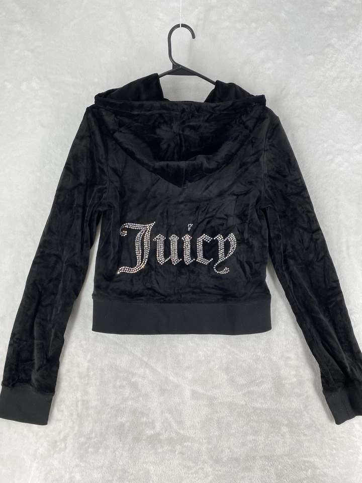 Sudadera con Capucha Juicy Couture Mediana Negra Terciopelo Cremallera Sudadera con Capucha Estrás Escritura Gótica Y2K Foto 1 de 4