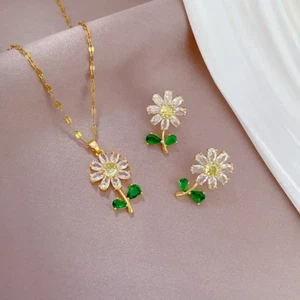 Women's Fashion Jewelry Gold Cubic Zircon Sunflower Earrings Necklace Set Reiki - Picture 1 of 13