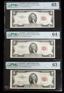 3 CONSECUTIVE 1953 C $2 LEGAL TENDER FR #1512 GRANAHAM | DILLON PMG CU 63/64 EPQ - Picture 1 of 2