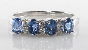 QUALITY 9CT 9K WHITE GOLD CEYLON SAPPHIRE DIAMOND ETERNITY ART DECO INS RING - Picture 1 of 5