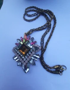 Loft Pink Clear Gold Stacked Rhinestone Pendant Chain Necklace - Picture 1 of 8