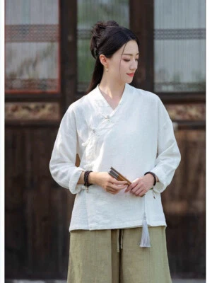 Chinese Style Womens Cotton Linen Shirts Tops Long Sleeve Cardigan Blouse - Image 1 of 4