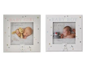 Baby Photo Frame Boy Girl White Stars Moon Teddy Christening Gift Newborn 4 x 4" - Picture 1 of 9