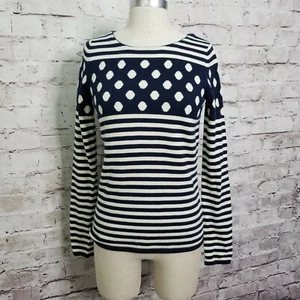 Anthropologie Sparrow Size XS Blue Ivory Stacked Polka Dot Striped Knit Sweater - Picture 1 of 7