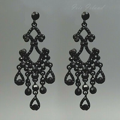 女士黑色喷射水晶水钻吊灯吊坠耳环婚礼珠宝 58 — 第 1/4 张图片