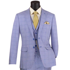 VINCI Men's Sky Blue Windowpane Plaid 3 Piece 2 Button Slim Fit Suit NEW - Picture 1 of 4