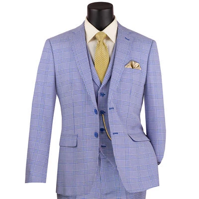 VINCI Men's Sky Blue Windowpane Plaid 3 Piece 2 Button Slim Fit Suit NEW - Image 1 of 4