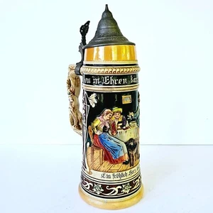 Vintage 13" Tall German Beer Stein Bar Hand Painted Ceramic Pewter Lid M618.4 - Picture 1 of 22