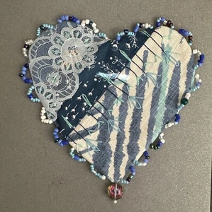 Coasters set of 4 HANDMADE, heart green blue,Embroidered,Beaded, mug rug tea mat - Picture 1 of 7