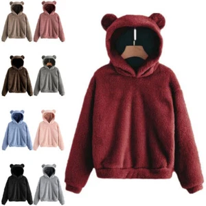 Women's Long Sleeve Teddy Bear Ear Hooded Sweatshirts Ladies Fluffy Hoodies Top - Picture 1 of 26