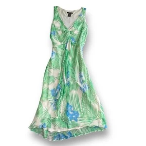 Vtg ECI Green/Cream 100% Silk Sleeveless Ruffle Midi Dress Women's Size 10 Y2K - Picture 1 of 10
