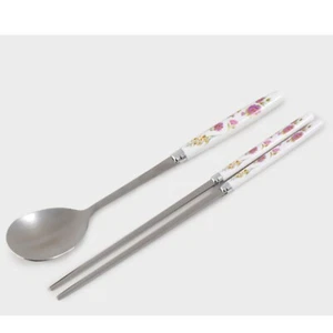 Koreanisches Edelstahl Löffel und Essstäbchen Set Rose Blume Bild Geschirr - Bild 1 von 1