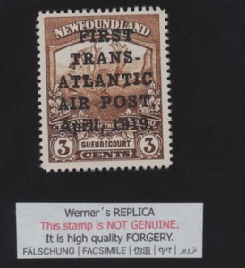 FORGERY - Werner's REPLICA of Newfoundland 1919 3c HAWKER - Afbeelding 1 van 1