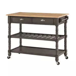 French Country Three-Tier Butcher Block Kitchen Cart w/Drawers in Gray Wood - Picture 1 of 10