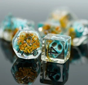 Blue Skull Yellow Flower Filled DND Clear Resin Polyhedral Dice Set Red Numbers - Picture 1 of 6