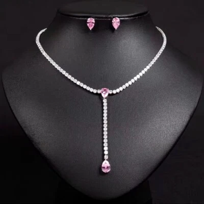18k White Gold Plated Lab-Created Pink Sapphire Tennis Necklace Earrings Set - Image 1 of 4