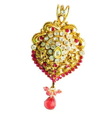 Gold Plated Silver Pendent studded with Polki, Ruby,Pearl & Termuline - Image 1 of 4