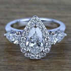 2.18 Tcw Pear Cut Moissanite Three Stone Engagement Ring 14K White Gold Plated