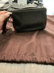Coach Small Black Leather Pouchette With Leather Strap Tassel,silver coach Tag - Picture 1 of 5