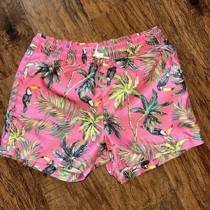 Boys Zara Swim Trunks Sz 8 9 Toucan Tropical Pink Palm Trees Drawstring Cali - Picture 1 of 6