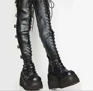 Stivali donna punk platform zeppa sopra il ginocchio fibbia stivali cavaliere scarpa gotica - Foto 1 di 7