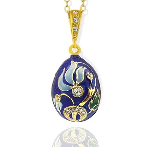 Egg Pendant Blue Flower Faberge Design Sterling Silver 925 Gold Plate18kt - Picture 1 of 1