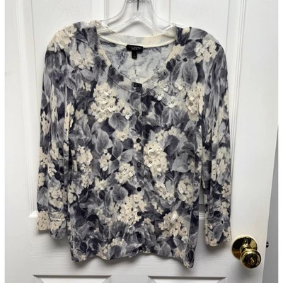 Cárdigan Talbots Gris Blanco, Floral, Mezcla Seda, Flores Bordadas, Mujer S Foto 1 de 4