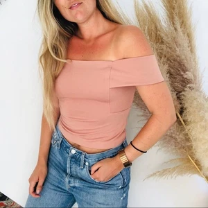 ANTHROPOLOGIE DETTA Blush Pink Ponte Off-The-Shoulder Crop Top Shirt Bluse S - Bild 1 von 8