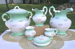 Antique Homer Laughlin 8 Pc Toilet Set In Wyoming Pattern W/Gold Floral Accents - Picture 1 of 24