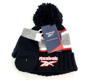 Reebok Toddler Boys Size 2T-4T Black Red Knit Pom Beanie Hat Mittens Set - Picture 1 of 6