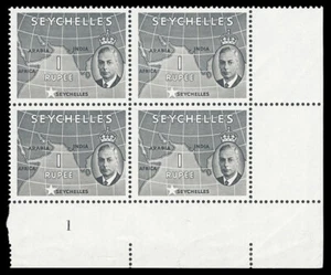 Seychelles 1952 KGVI 1r grey-black plate 1 block of four superb MNH. SG 168. - Picture 1 of 1