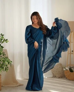Premium Jimmy Choo Organza Saree with Ruffle, Lace Border & Padded Blouse - Picture 1 of 25