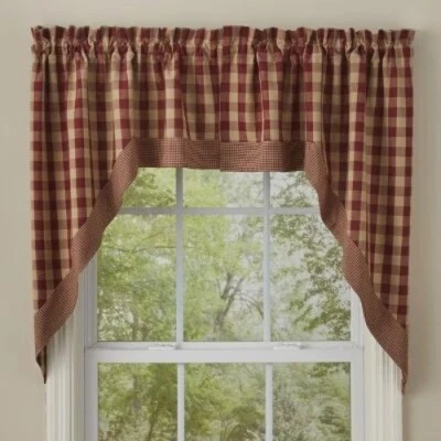 Park Designs York Burgundy Check Cotton Curtain Swag Two Sets Rustic Farm House - Image 1 of 4