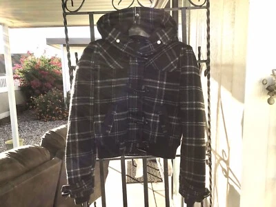 Chaqueta con capucha Route 66 para mujer pequeña negra/blanca a cuadros mezcla de lana cremallera/toggle Foto 1 de 4