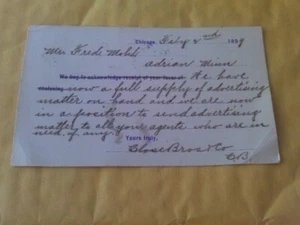 SELTENE POSTKARTE 1899 ANZEIGE ENGE BRÜDER UNTERNEHMEN CHICAGO FRED MOHL ADRIAN MINNESOTA - Bild 1 von 2