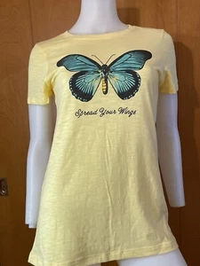 HEATHERED YELLOW BLUE BUTTERFLY SPREAD YOUR WINGS T-SHIRT TOP MOTIVATIONAL M - Picture 1 of 3