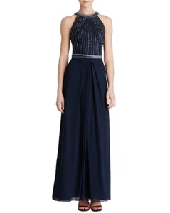 AIDAN MATTOX ~ Navy Beaded Bodice High Neck Georgette Formal Gown 4 NEW $440 - Picture 1 of 8