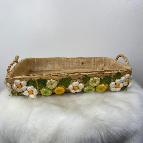 70's Vintage Woven Straw Basket with Floral and Embroidered Raffia Flowers Recta Cover