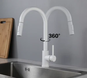 White Stainless Steel Kitchen Faucet Single Handle Mixer Tap w/Pull Out Sprayer - Picture 1 of 12
