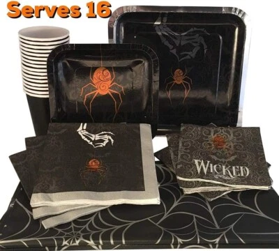 NEW Wicked Spider Halloween Paper Plates, Napkins, Cups Set + Tablecloth for 16 - Image 1 of 4