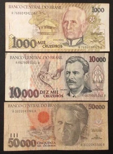 1991 BRAZIL PAPER MONEY - LOT OF 3 CRUZEIROS BANKNOTES! - Picture 1 of 2