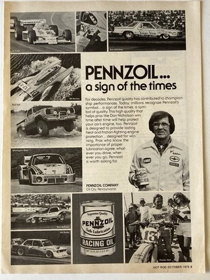 1979 Pennzoil Racing Motor Oil Print Ad Sign Of The Times Don Nicholson - Imagem 1 de 2